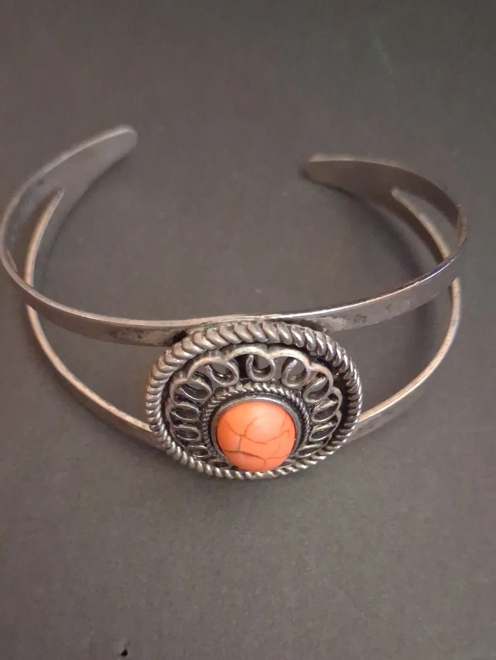 Silver-Tone Cuff Bracelet with Orange Stone Accent